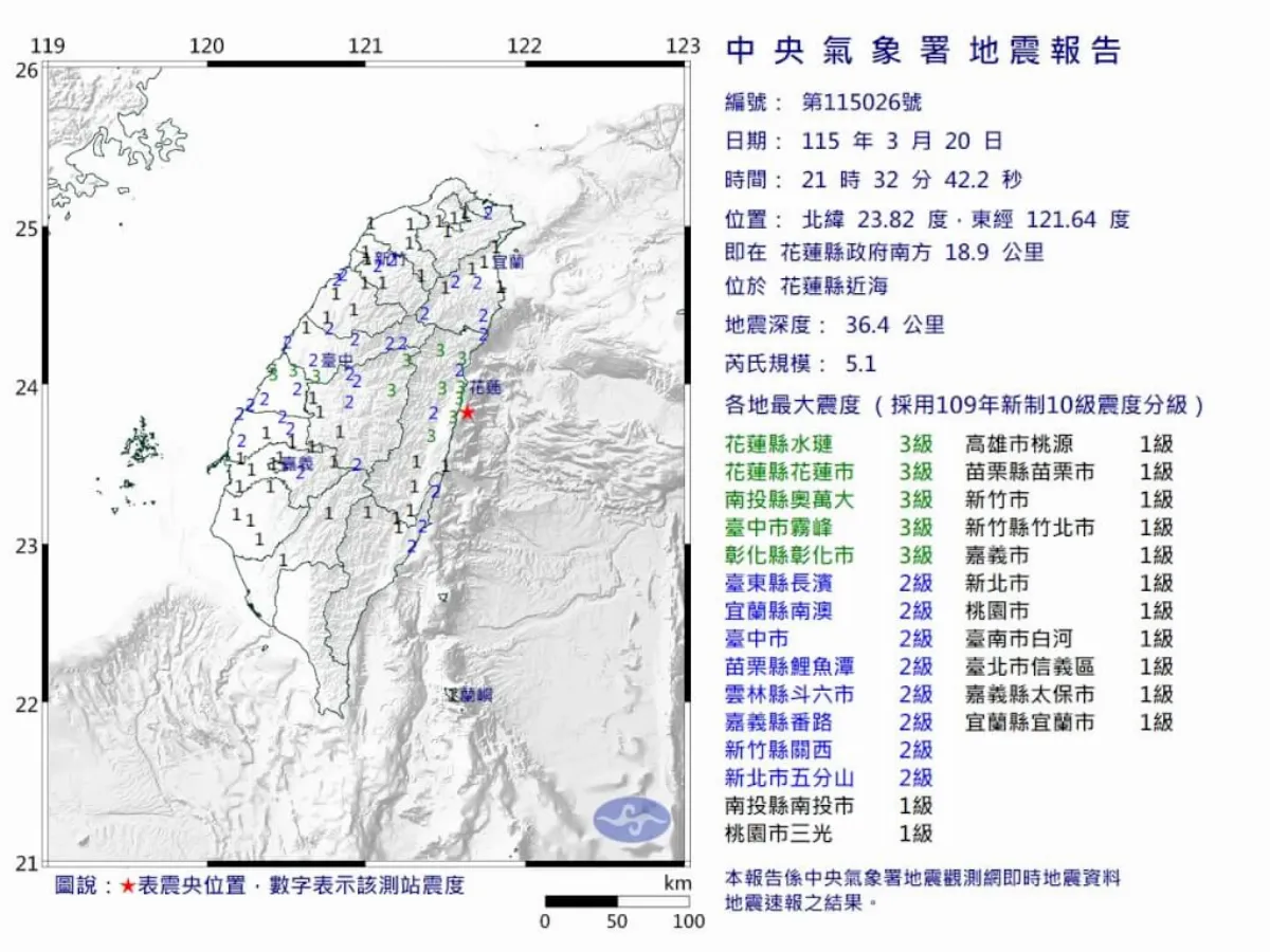 花蓮地震連2起 最大規模5.1震度3級